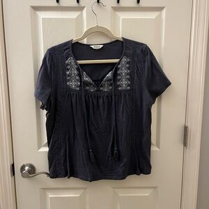 Lucky Brand Navy Embroidered Peasant Blouse with Tassel Ties